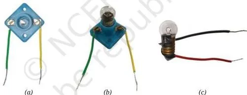 (a) An electric lamp holder with wires attached (b) An incandescent lamp inside the lamp holder (c) Wires connected to incandescent torch lamp with electrical tape