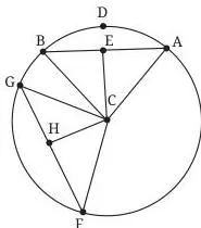 Given: Circle with centre C; AB = FG; E, H are midpoints of AB, FG respectively; To show: CE = CH.