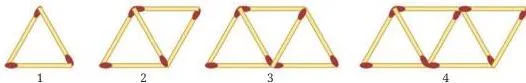 Matchsticks arranged as triangles, one triangle in step 1 and one more triangle added at each step