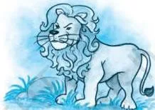 A large lion roaring at a fallen person, acting out the poem's mock advice that the Asian Lion identifies itself by roaring at you.
