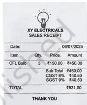 A shop bill showing GST added to the item price as a percentage, with the tax amount listed separately
