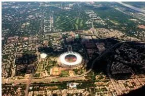Aerial view of Delhi with the river Yamuna on top right