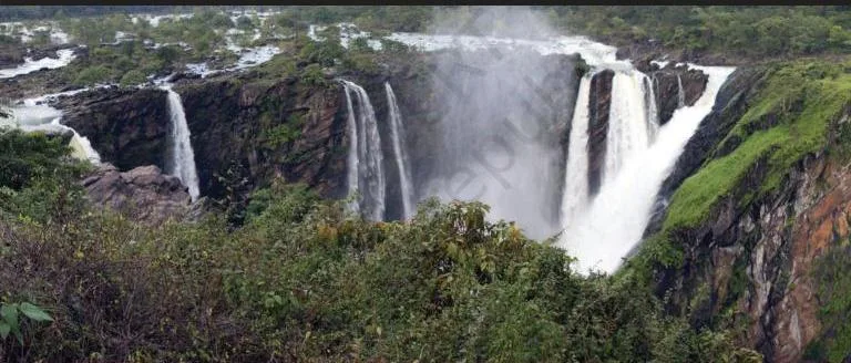 Jog Falls in Karnataka. Notice the plateau and the waterfalls. The power of the waterfall is converted into electricity (hydroelectricity; ‘hydro’ means water) through special turbines.