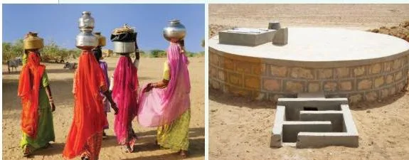 Women fetching water from a distant source in the Thar Desert, showing how scarce water shapes daily life