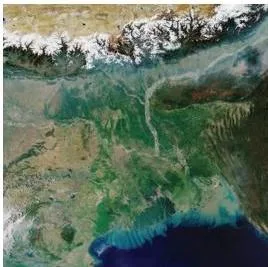 Satellite view of the east coast of India showing a broad flat coastal band where big rivers build deltas