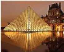 Collage of real-world designs using congruent triangles: the Louvre pyramid, the Pyramid of Giza, a dome, a rangoli and the Howrah Bridge