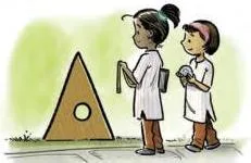 Two students, Meera and Rabia, standing beside a large triangular frame they must copy as a cardboard cutout without tracing it