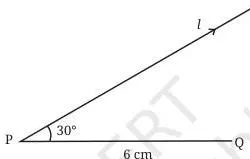 Step 2: Draw a line $l$ from P that makes an angle of $30^\circ$ with PQ.
