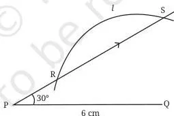 Triangle construction drawing where an arc of radius 4 cm centred at Q cuts a 30-degree ray from P at two points, R and S