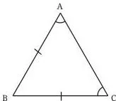Triangle with the two equal sides AB and AC marked, used to show the angles opposite the equal sides are equal