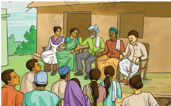 A village scene accompanying the Gram Panchayat section, showing the base tier of the three-tier system that is closest to people in rural areas