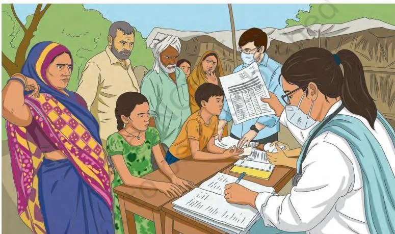 A health camp where community members gather for vaccinations and health-parameter checks, the service this chapter teaches students to organise