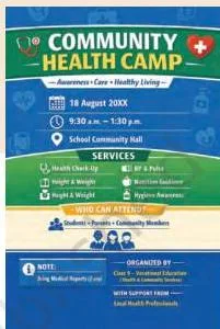 A poster announcing a health camp with its date, time, place and services, the model for students' own promotional material