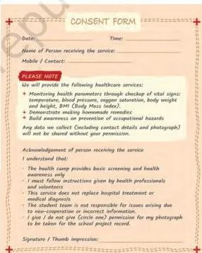 A sample consent form recording the services offered, safety expectations and approval for health data and photographs