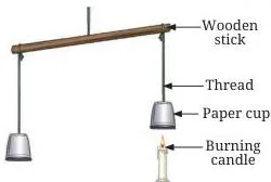 A paper cup suspended by a thread above a burning candle rising upward as the heated air inside expands and becomes lighter