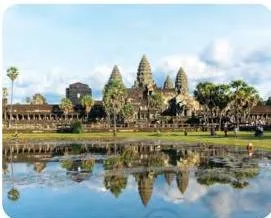 Angkor Wat temple in Cambodia with its tall spires, a 12th century Hindu-Buddhist temple showing Indian art's reach into Southeast Asia