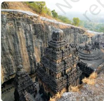 The Kailasha Temple at Ellora, a towering Shiva temple carved from a single basalt rock from the top down