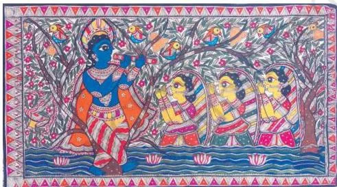 Madhubani painting of Kṛiṣṇa playing the flute