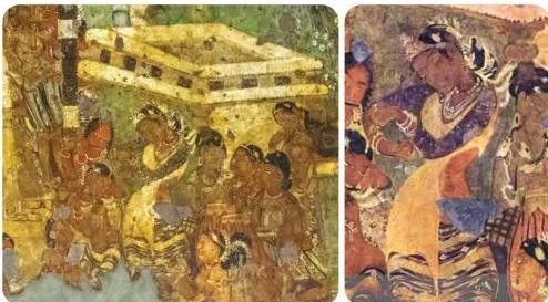 Ajanta cave mural of the Mahajanaka Jataka showing a dancer with musicians playing flute, cymbals and drums