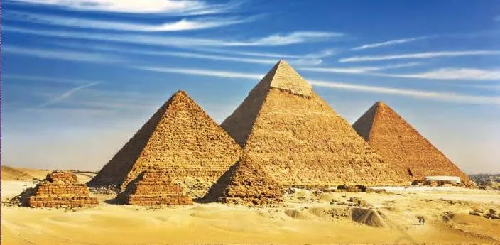The three great pyramids of Giza in Egypt, monumental stone tombs of pharaohs built around 2580 BCE