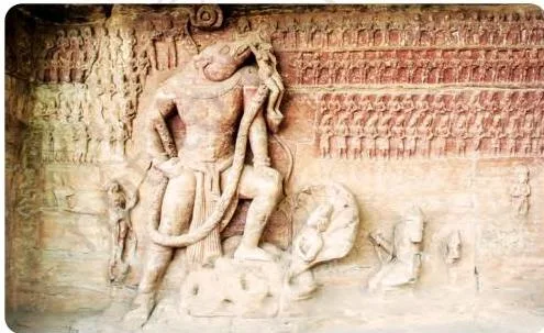 Gupta period rock relief of Vishnu as the Varaha boar rescuing Bhudevi, the earth goddess, at Udayagiri cave no. 5