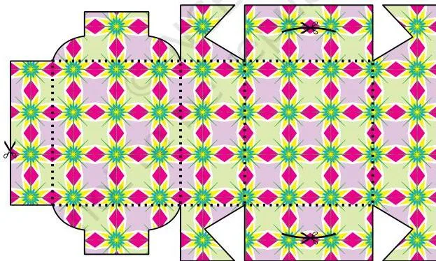 The cut-out net of a sweet box with straight cutting lines and dotted fold lines