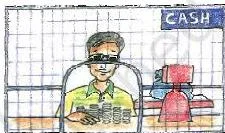 Shahid sitting at a bank cash counter with piles of coins around him, explaining that he weighs coins instead of counting them