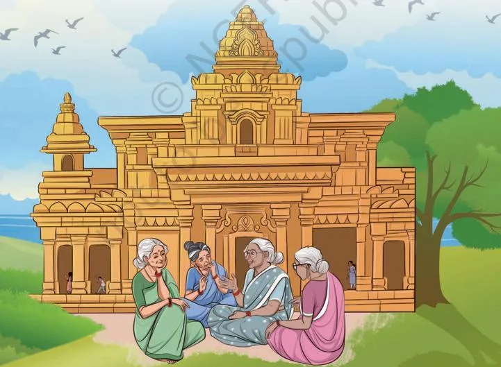Grandmother Krishtakka joining her friends at the temple courtyard to discuss the latest episode of Kashi Yatre while the children play hide and seek nearby