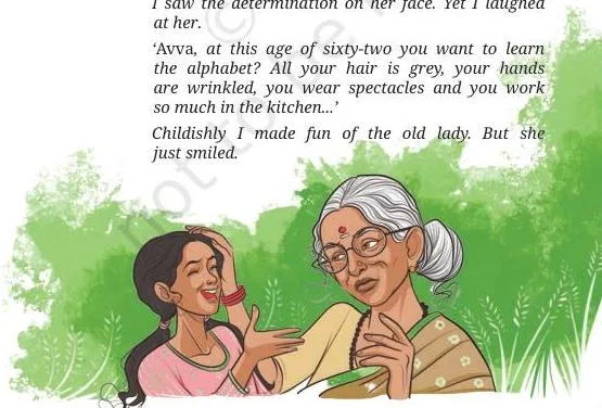 The narrator childishly making fun of the old lady who wants to learn the alphabet at the age of sixty-two, while the grandmother smiles