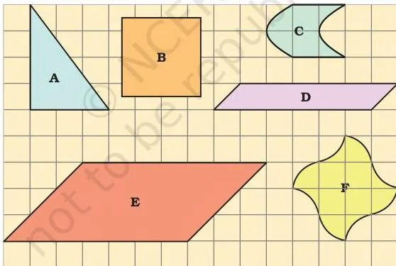 Symmetrical shapes on a square grid for the How Many Squares? Class 5 exercise, each shape being half of a rectangle so its area is found by halving