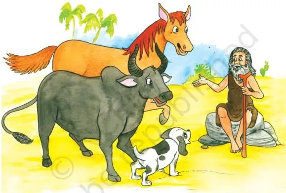 The man calls the horse, the dog and the ox together at the end of the day, the moment he tells the Three they must work double time