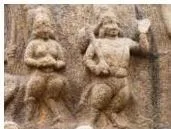 Eroded stone sculptures from the Shore Temple at Mahabalipuram, where body poses survive but facial expressions are no longer clear
