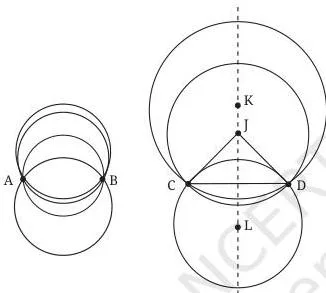 Several circles passing through the same two points, with their centres lying along the perpendicular bisector of the segment between the points