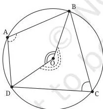 A cyclic quadrilateral ABCD inside its circle, with the two arcs used to prove that its opposite angles sum to 180 degrees