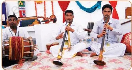 Four South Indian ensemble instruments used in the Indian Class 8 arts Kriti chapter on Indian classical music: mridangam, morsing, violin and ghatam, left to right