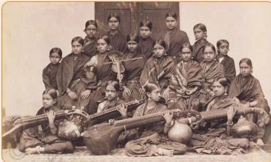 Historic 1895 photograph of girls attending a music school in Mysore, showing that music institutions in India are over a century old