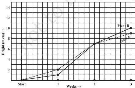 Two line graphs on the same axes comparing the heights of plant A and plant B measured at the end of each week for three weeks