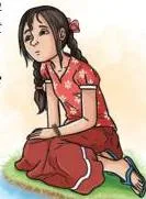 A river leaning toward a young girl beside its bank, showing the River as a speaking character that encourages her