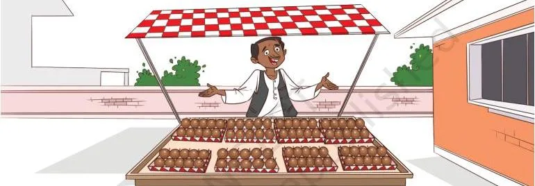 Manoj is helping his father in selling chikoos that he has arranged in the trays.