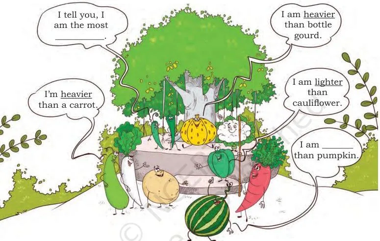 Look at the picture and compare which vegetables are lighter or heavier than the other vegetables.