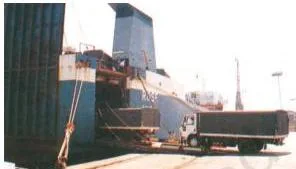 Trucks being driven into the vessel at Mumbai port