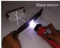 A thin beam of light travelling along white paper and then changing direction where it strikes a plane mirror