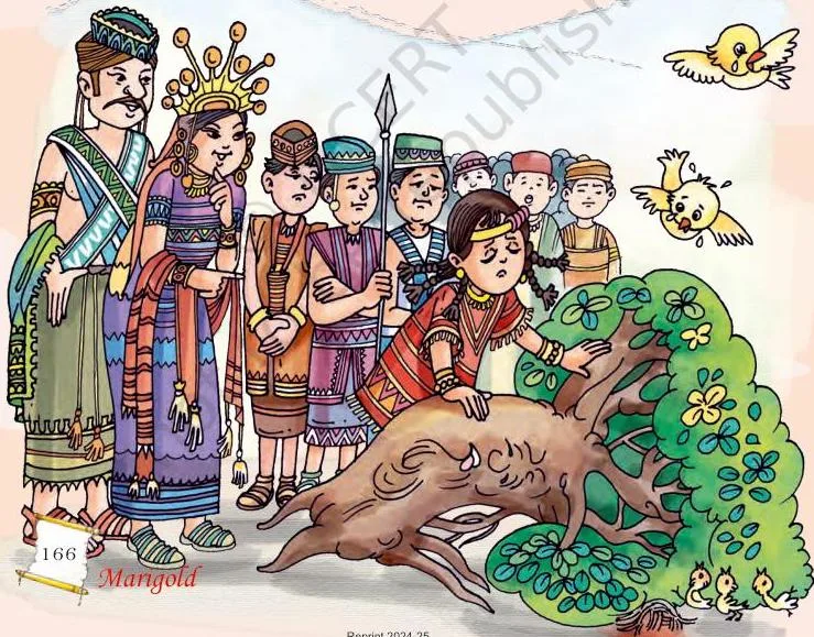 The people of Kangleipak watching little Sanatombi as she stands sorrowfully near the dead banyan tree