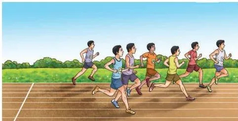 Boys running a race on a straight track, spread out so the runner ahead at any instant has covered more distance in the same time