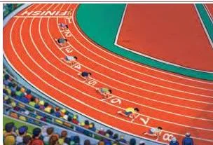 Runners at a relay start standing on staggered starting marks, with outer-lane athletes ahead of inner-lane athletes because their curved paths are longer