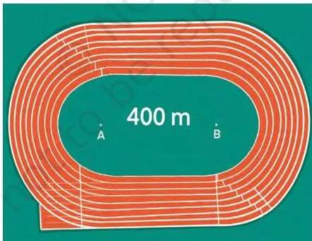 Schematic of a 400 m track with two straight sections and two semicircular ends sharing one centre, showing lane widths and the inner radius