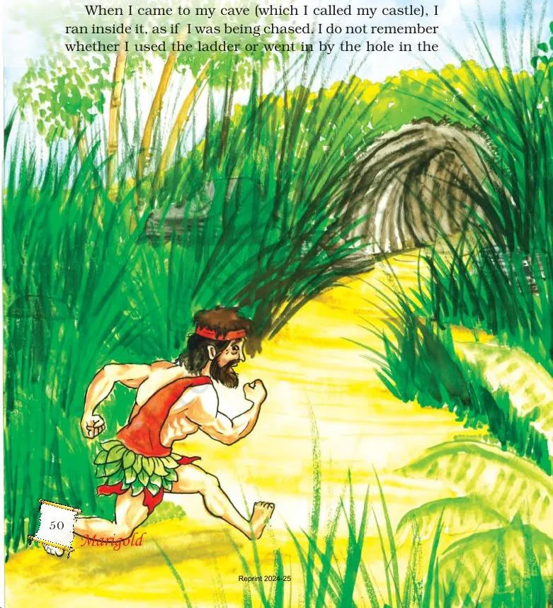 A man in old-fashioned clothes running desperately towards his cave home, showing Robinson Crusoe's terror after finding the single footprint