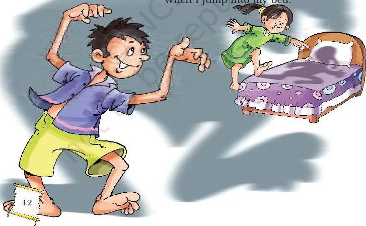 A child leaping into bed while a dark shadow lands ahead of him, showing the My Shadow Class 5 poem's line about the shadow jumping before him