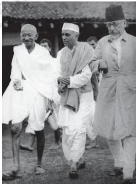 Mahatma Gandhi, Jawaharlal Nehru and Maulana Azad seated together at Sevagram Ashram in Wardha in 1935