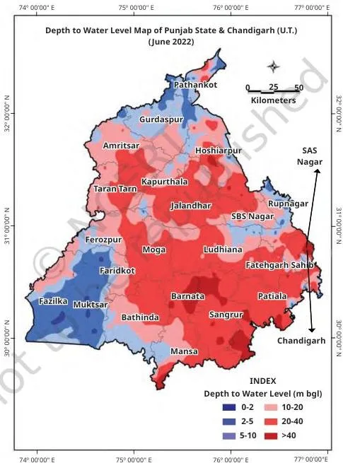 Map of Punjab and Chandigarh showing depth to water level in June 2022, with bands of metres below ground level revealing where groundwater lies deep